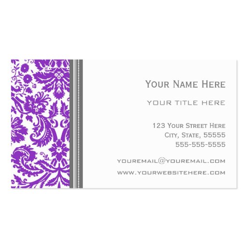 Purple Grey Damask Floral Business Cards (back side)