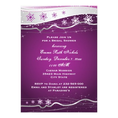 Purple, grey snowflake wedding bridal shower personalized invite