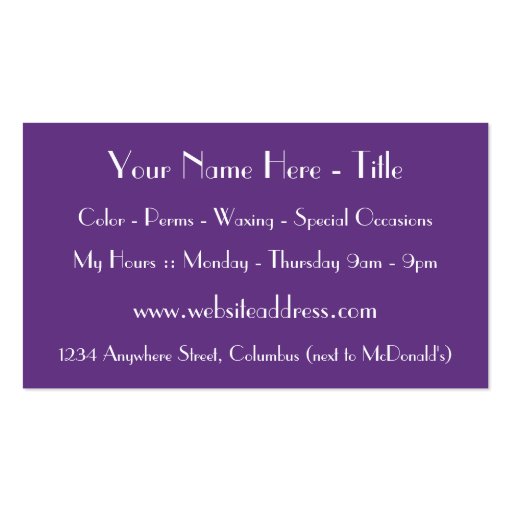 Purple Hair Salon Stylist Beautician Business Card (back side)