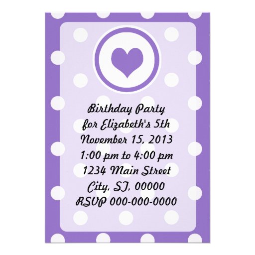 Purple Heart and Polka Dots Birthday Custom Invite