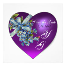 PURPLE HEART FORGET ME NOT MONOGRAM White Invitations