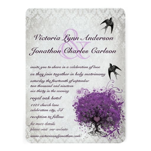Purple Heart Leaf Tree Wedding Invitations