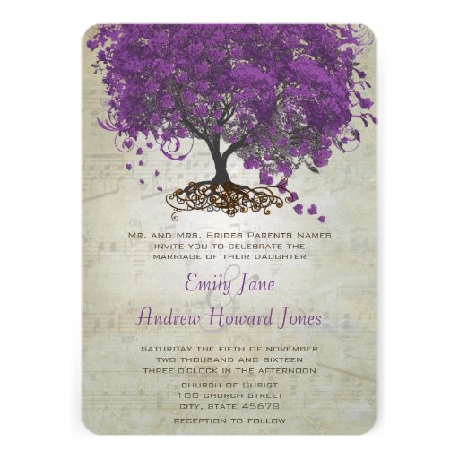 Purple Heart Leaf Tree Wedding Invites