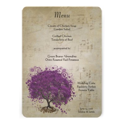 Purple Heart Leaf Tree Wedding Menu Invitations
