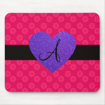 Purple heart monogram pink flowers mousepad