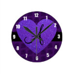 Purple heart monogram roses round clocks