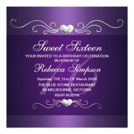 Purple Heart Sweet Sixteen Birthday Invitation