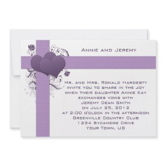 Purple Hearts on Damask Stripes Wedding Invitation invitation