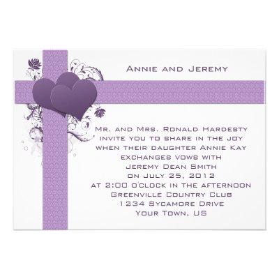 Purple Hearts on Damask Stripes Wedding Invitation
