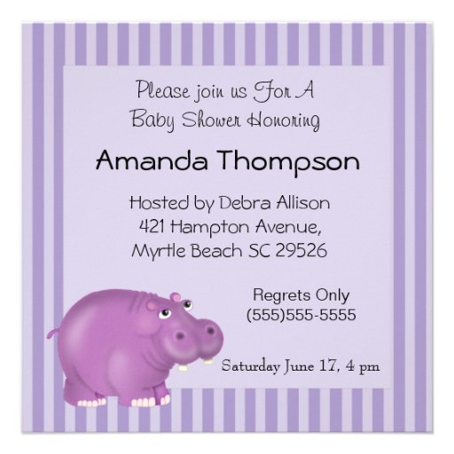 Purple Hippo Baby Shower Invitations