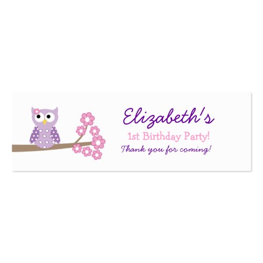Purple Hoot Owl Birthday Favor Tag Business Card Template (front side)