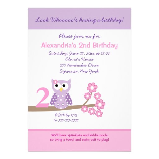 Purple Hoot Owl Girl Birthday Invitation (Any Age)