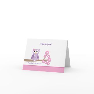 Purple Hoot Owl Girl Birthday Thank you Card Pink zazzle_card