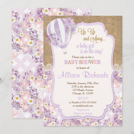Purple Hot Air Balloon Girl Baby Shower Invitation Zazzle