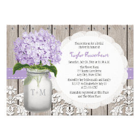 Purple Hydrangea Monogram Mason Jar Bridal Shower Personalized Invitations