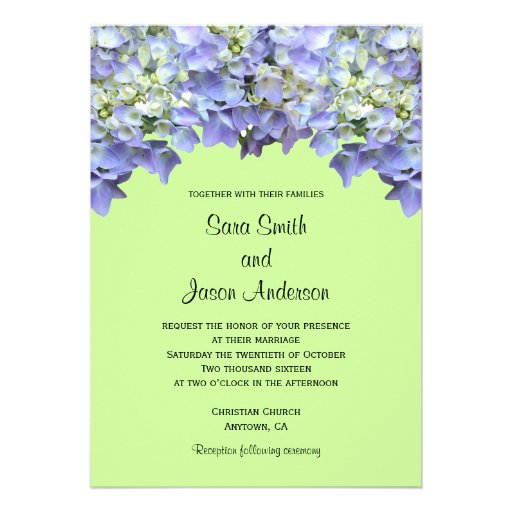 Purple Hydrangea on Green Background Wedding Custom Invites