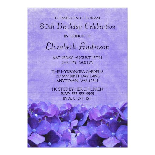 Purple Hydrangeas 80th Birthday Party Invitations (front side)