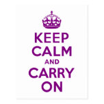 Purple Keep Calm and Carry On Postcards