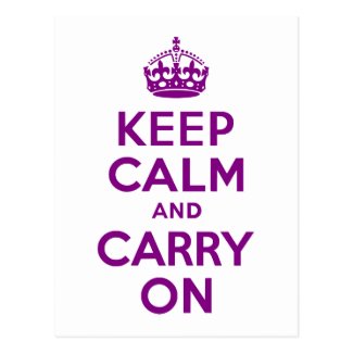 Purple Keep Calm and Carry On Postcards