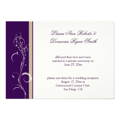 Purple Khaki Ivory Floral Swirl Post Wedding Custom Invitation