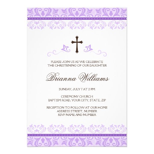 Purple lace girls baptism or christening custom invite