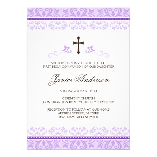 Purple lace girls first communion confirmation invites (front side)
