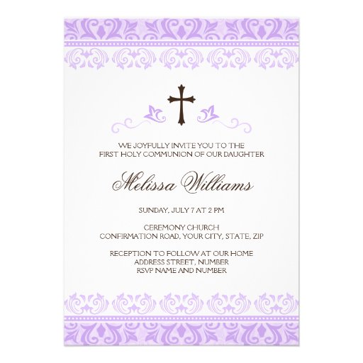 Purple lace girls first communion confirmation custom invitations (front side)