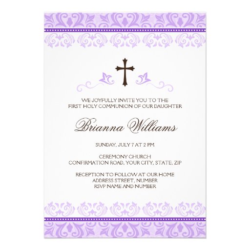 Purple lace girls first communion confirmation personalized announcement
