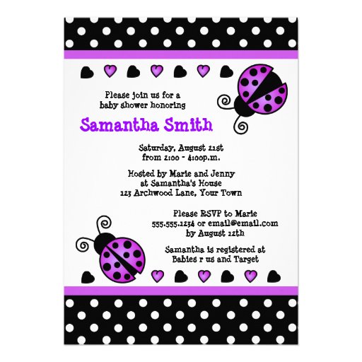 Purple Ladybug Baby Shower Black White Polka Dots Announcements (front side)