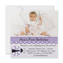 Purple Ladybug Girl Photo 1st Birthday Party Announcements
