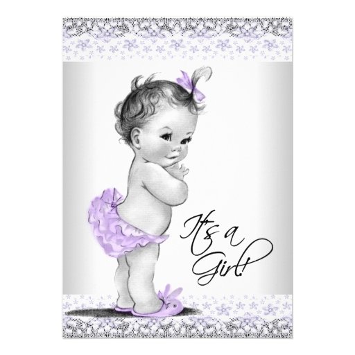 Purple Lavender and Gray Baby Girl Shower Custom Announcements