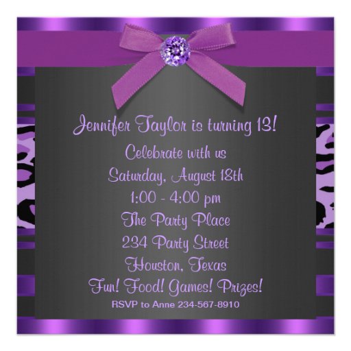 Purple Leopard Girls 13th Birthday Party Custom Invites