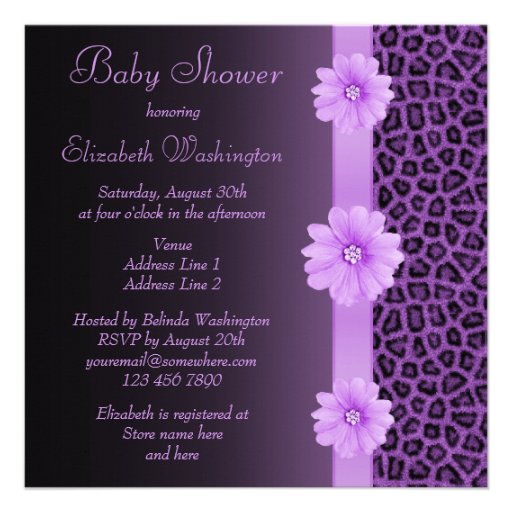 Purple Leopard Print  & Bling Flower Baby Shower Custom Invite