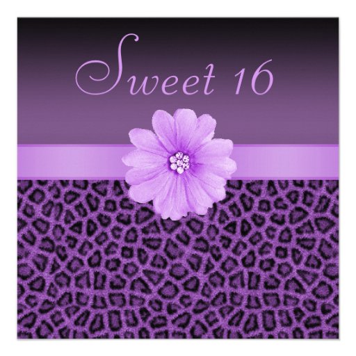 Purple Leopard Print  & Bling Flower Sweet 16 Custom Announcement