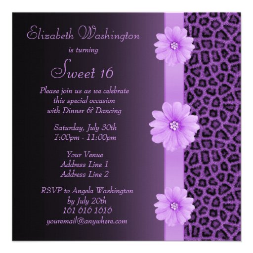 Purple Leopard Print  & Bling Flower Sweet 16 Custom Announcement