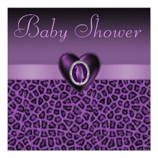 Purple Leopard Print  & Bling Heart Baby Shower Announcement