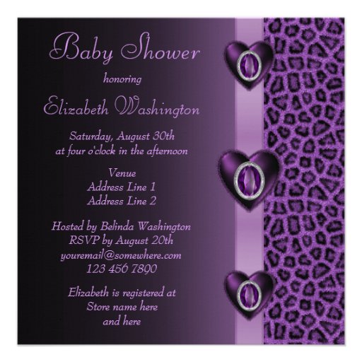 Purple Leopard Print  & Bling Heart Baby Shower Announcement