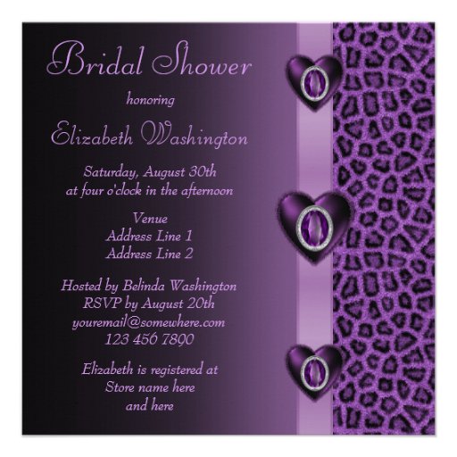 Purple Leopard Print & Bling Hearts Bridal Shower Custom Invitation