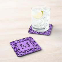 Purple Leopard Print Custom Monogram. Drink Coaster