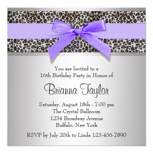 Purple Leopard Sweet 16 Birthday Party Custom Announcements