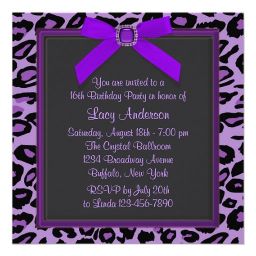 Purple Leopard Sweet 16 Party Personalized Announcement