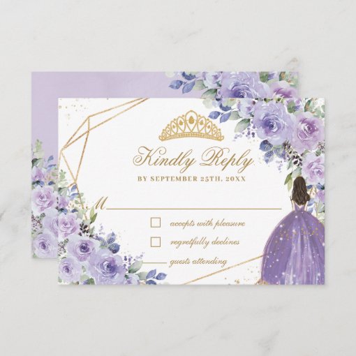 Purple Lilac Floral Quinceañera Princess Crown RSVP Card Zazzle