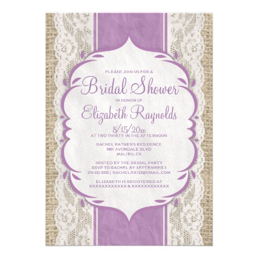 Purple Linen Burlap Lace Bridal Shower Invitations