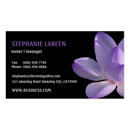 Purple Lotus Bloom on Black Business Card Templates (back side)
