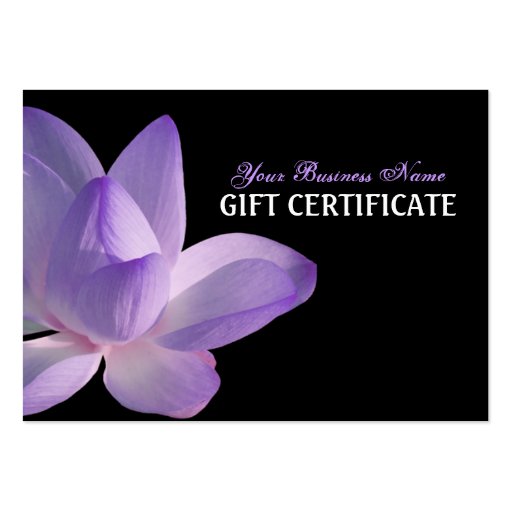Purple Lotus Bloom on Black Gift Certificate Business Card (front side)