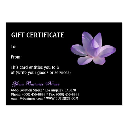 Purple Lotus Bloom on Black Gift Certificate Business Card (back side)
