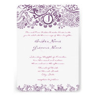Purple Love Birds Damask Monogram Weddings Invitations