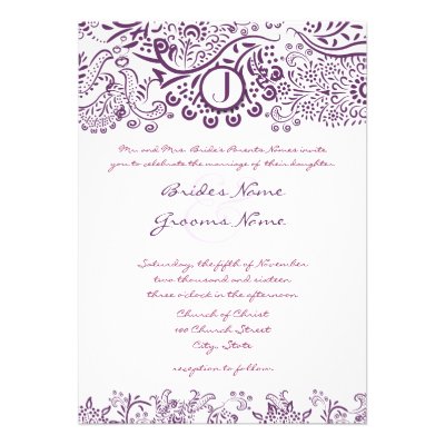 Purple Love Birds Damask Monogram Weddings Invitations