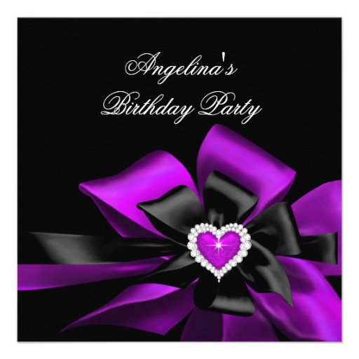 Purple Magenta Heart Black Bow Birthday Party Custom Invitation
