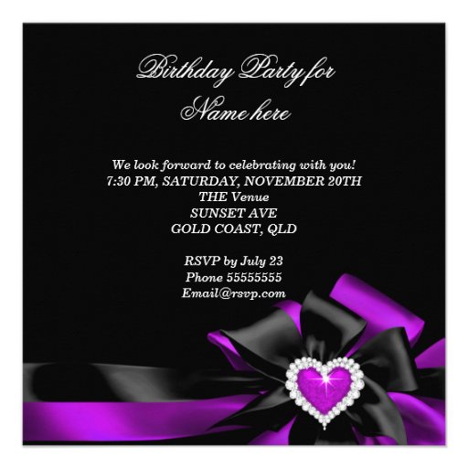 Purple Magenta Heart Black Bow Birthday Party Custom Invitation